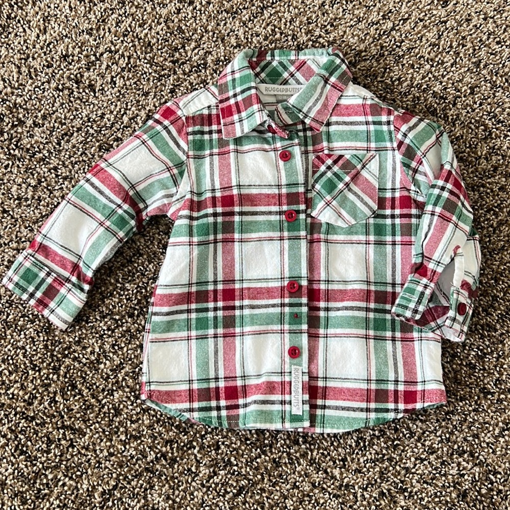 Toddler boys green and red flannel button down.